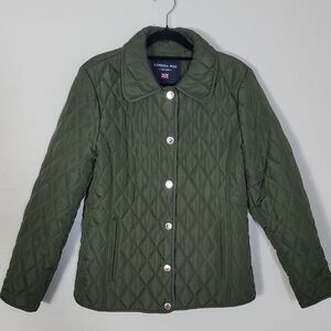 London Fog Womens Quilted Utility Jacket Size S Olive Green Snap Button Classic